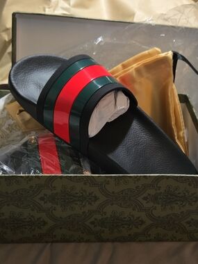 Gucci Black Slides with Green and Red Web Stripe